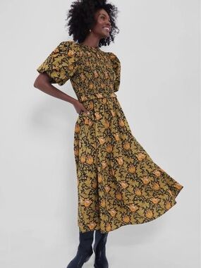 Hyacinth House Smocked Floral Midi Dress Puff Sleeve Cottagecore Prairie Size M